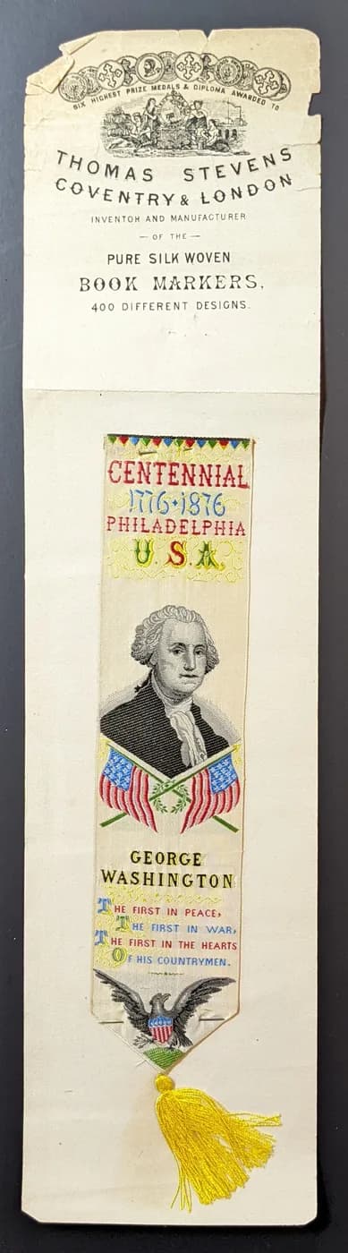 1876 Philadelphia Centennial George Washington and eagle Stevengraph woven silk bookmark with yellow tassel