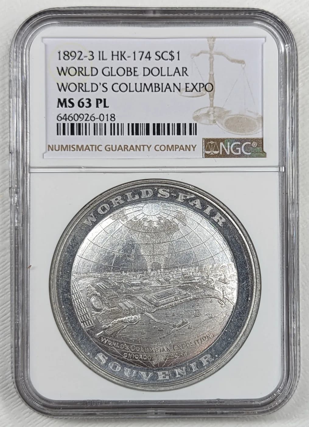 1892 World's Columbian Exposition HK 174 globe dollar, NGC MS63 prooflike