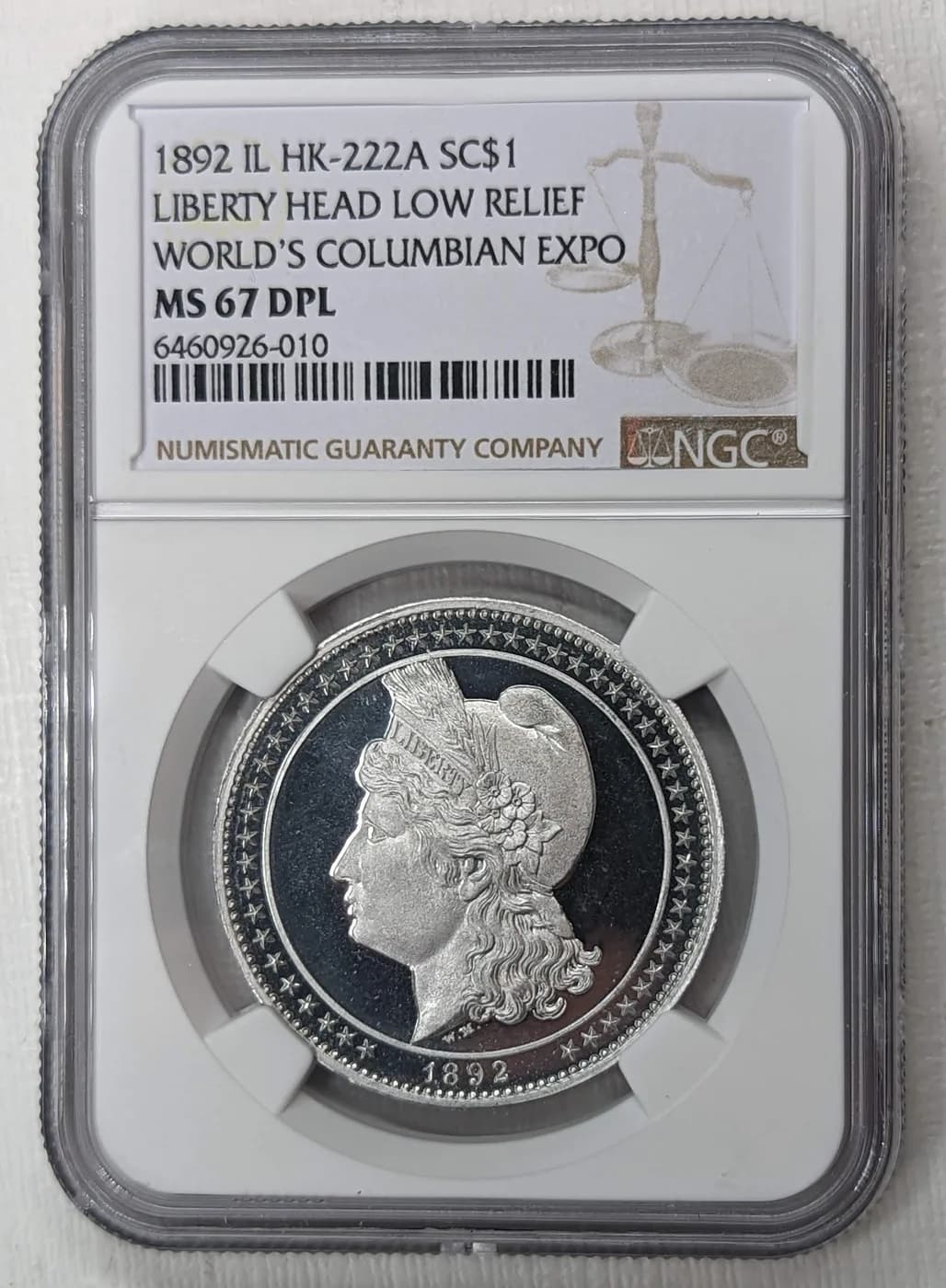 1892 World's Columbian Exposition HK 222 low relief Liberty head so-called dollar, MS67 deep prooflike
