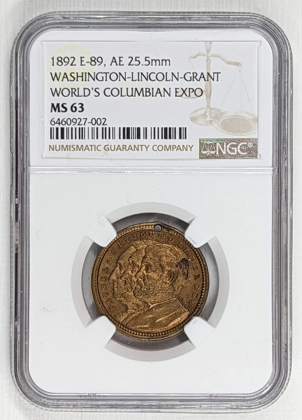 1892 World's Columbian Exposition Eglit 89 Three Presidents medal, NGC MS63