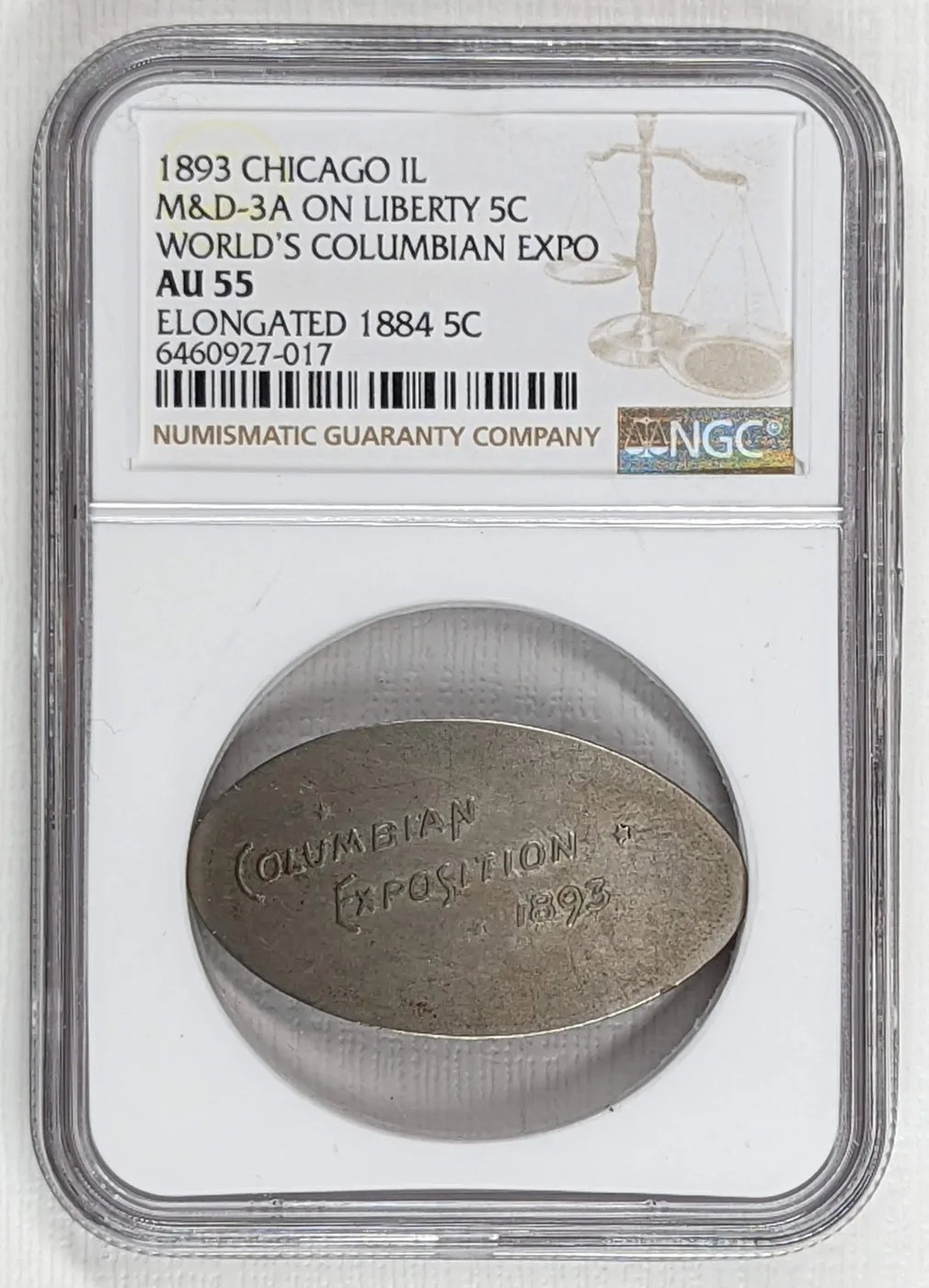 1893 World's Columbian Exposition elongated coin rolled on an 1884 Liberty Head nickel, NGC AU55
