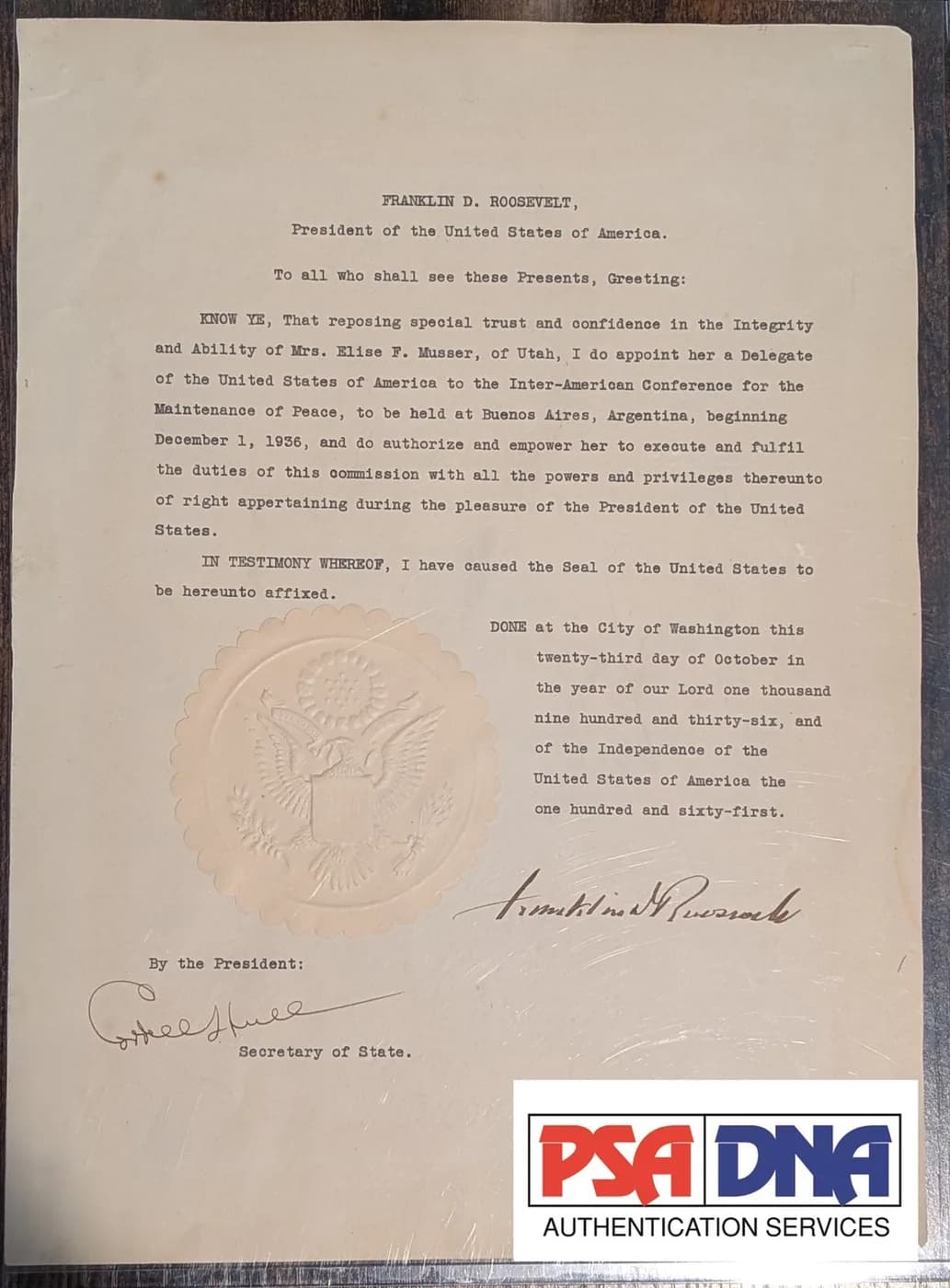 Franklin D. Roosevelt signed peace conference autograph, certified by PSA/DNA