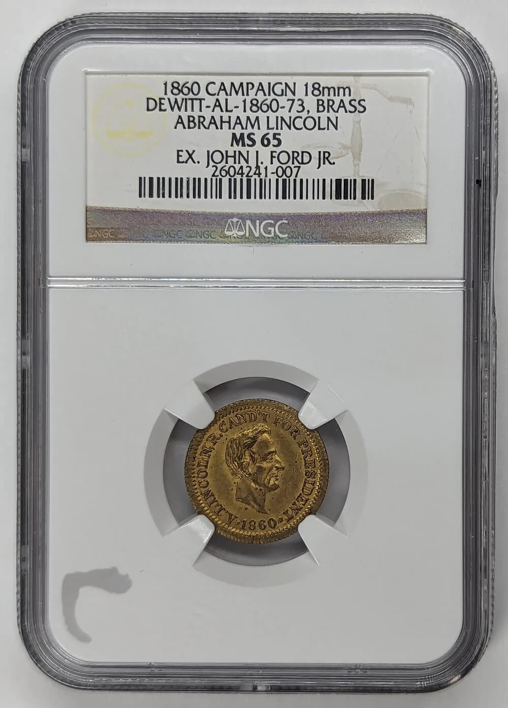 1860 Abraham Lincoln campaign medal, DeWitt AL 1860-73, obverse showing the beardless Lincoln portrait