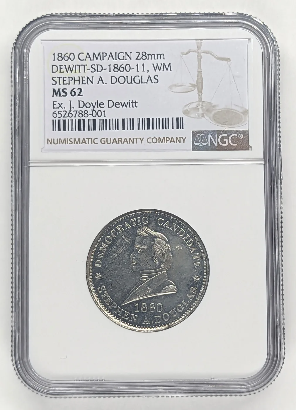 1860 Stephen A. Douglas campaign medal, DeWitt SD 1860-11, struck in white metal