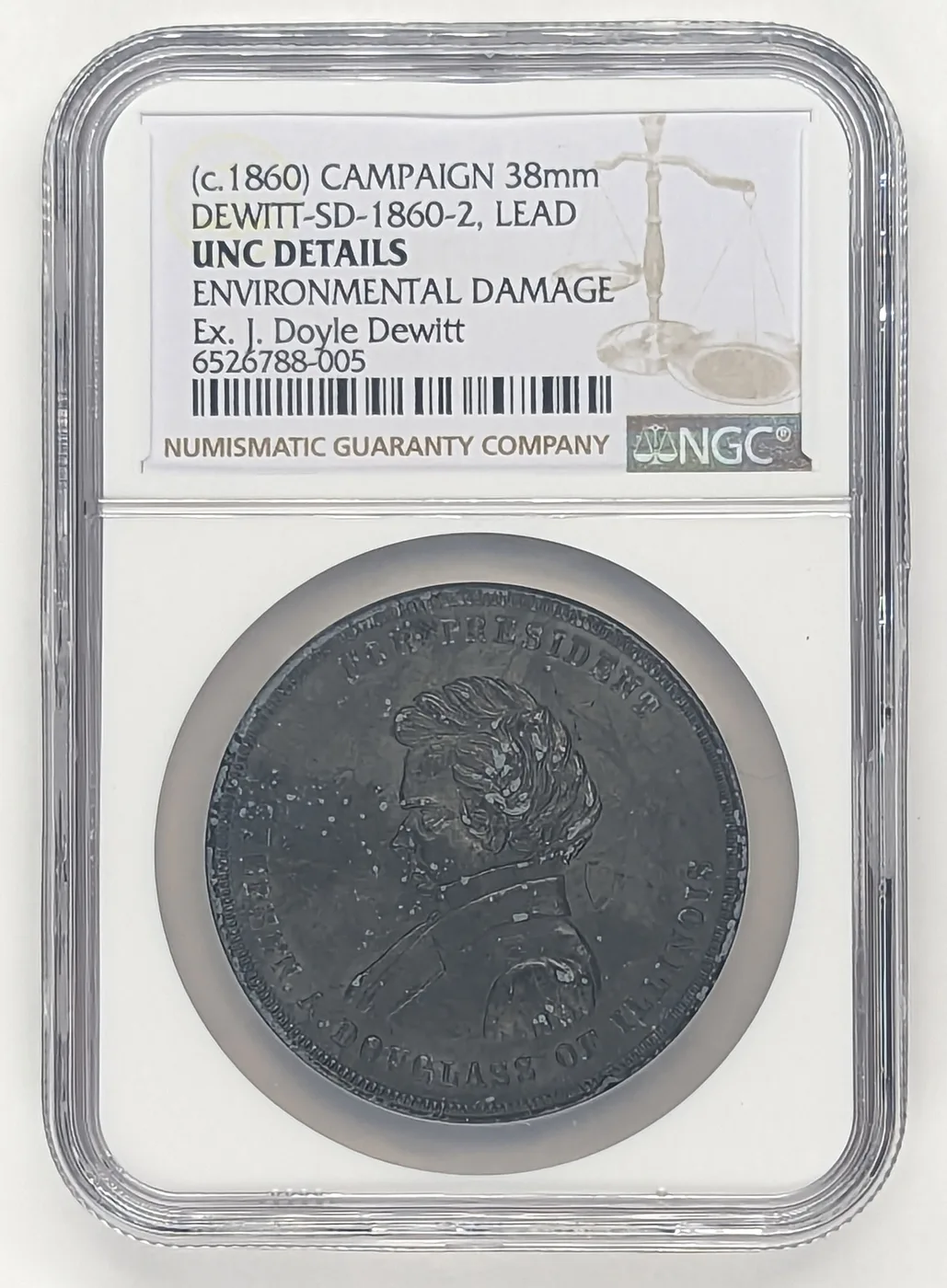 1860 Stephen A. Douglas campaign medal, DeWitt SD 1860-2 struck in lead, one metal of several sharing the same DeWitt number