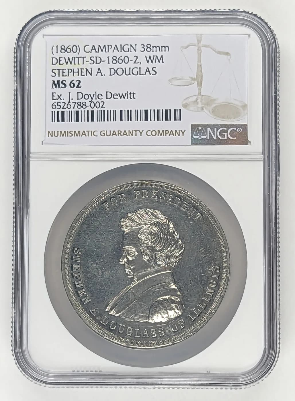 1860 Stephen A. Douglas campaign medal, DeWitt SD 1860-2, in white metal, from the same satirical season as the witch broom medal