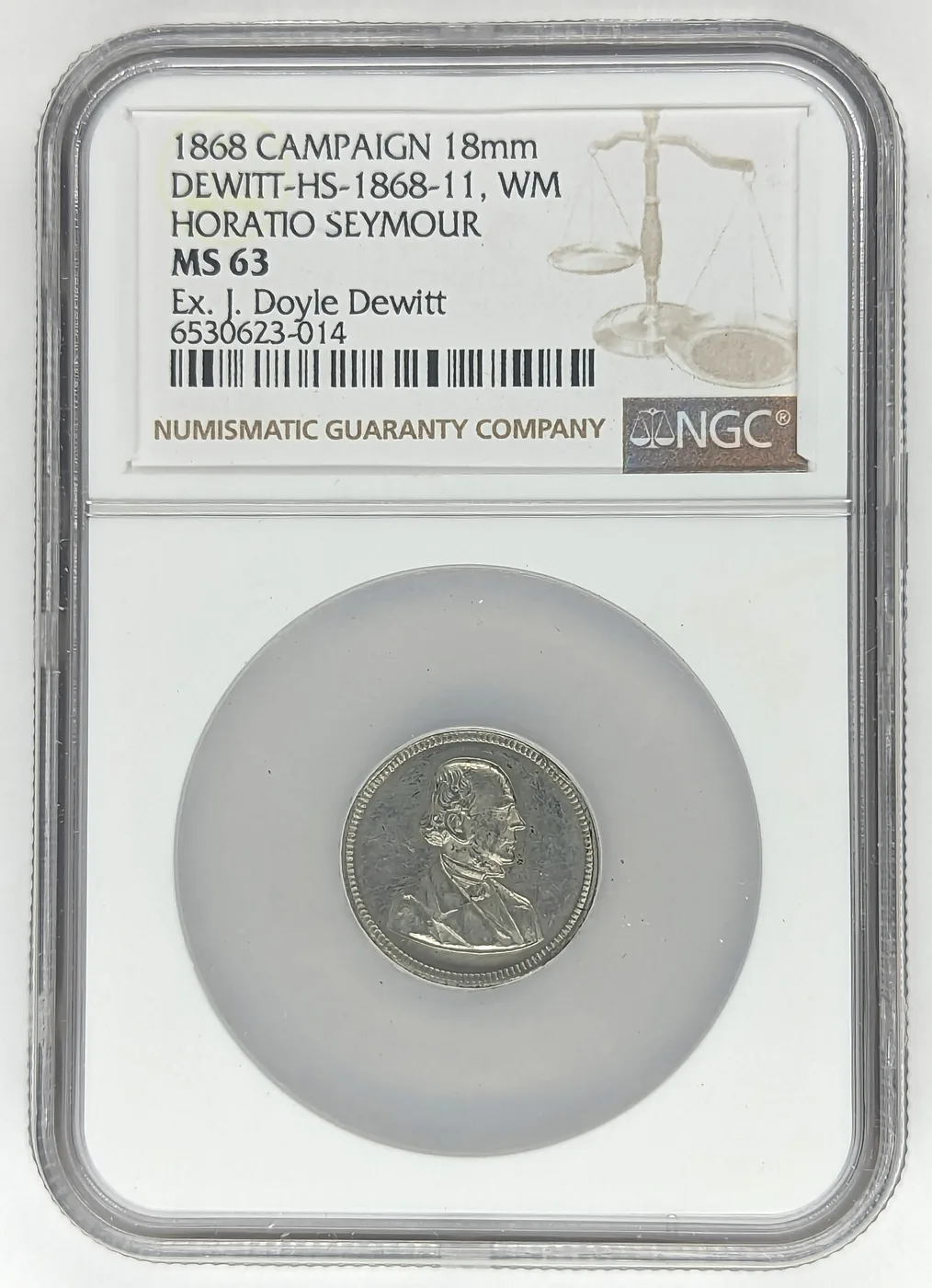 1868 Horatio Seymour campaign medal, DeWitt HS 1868-11, in white metal, the Democratic half of the opposed pair