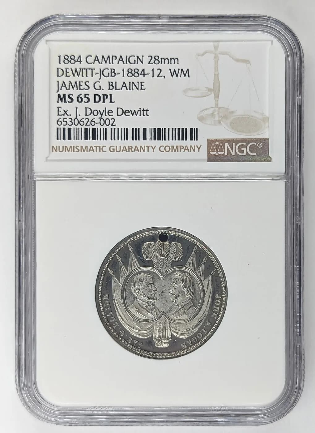 1884 James G. Blaine campaign medal, DeWitt JGB 1884-12, in white metal