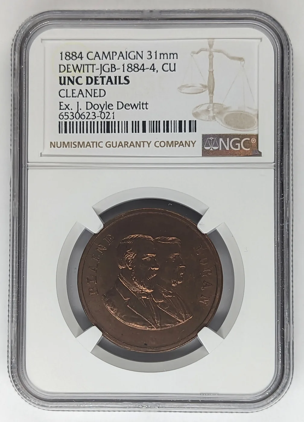 1884 James G. Blaine campaign medal, DeWitt JGB 1884-4 in copper, ex DeWitt collection