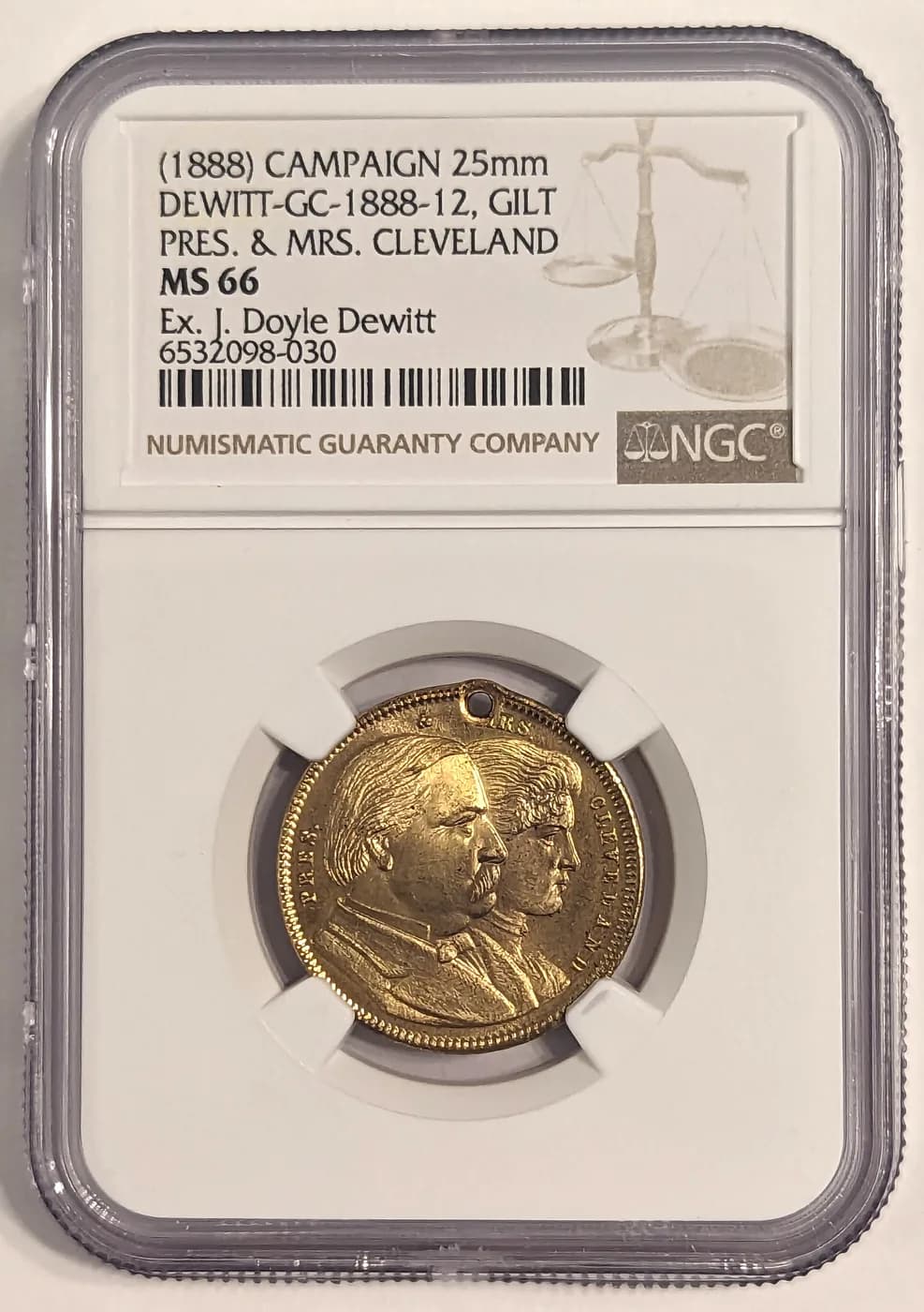 1888 Grover Cleveland campaign medal, DeWitt GC 1888-12, in gilt