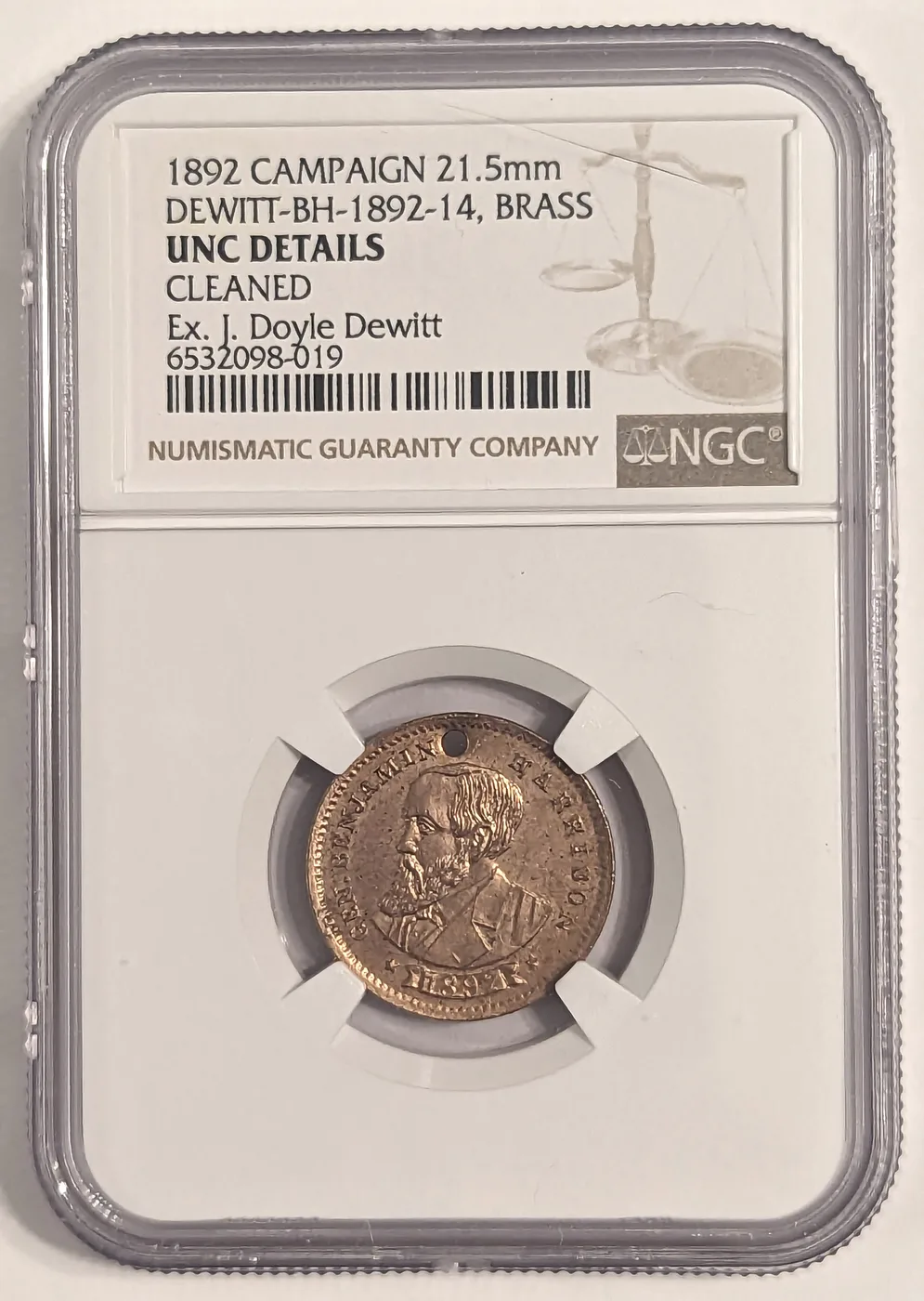 1892 Benjamin Harrison campaign medal, DeWitt BH 1892-14 in brass, certified NGC UNC Details